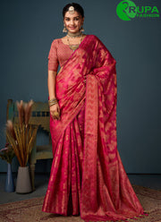 Lovely Pink Color All Over Peacock Motifs Pattern Zari Weaving Saree